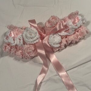 Hand made Pink and White shabby Crochet scarf with pink satin ribbon